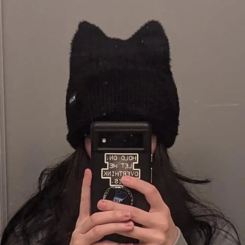 Dark Grey Knit Beanie with Cat Ears - Picture 1 of 2